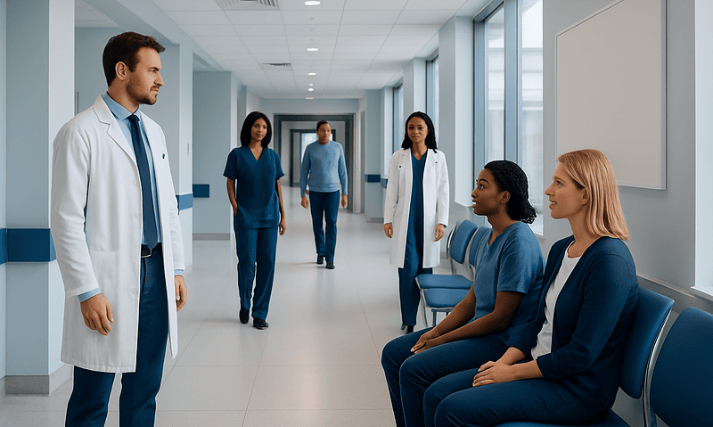 Medical team in hospital corridor with patients and staff.