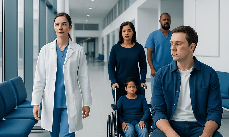 Medical team waiting in hospital corridor for patient care.