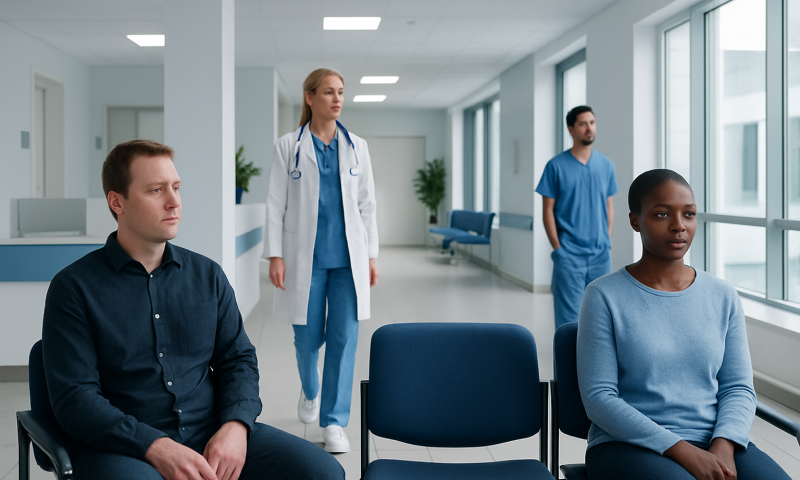 Patients waiting in a hospital corridor with medical staff nearby.