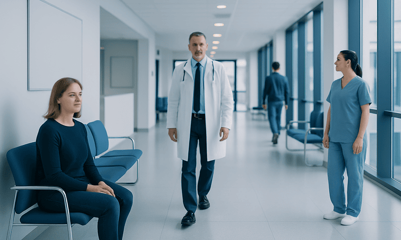 Doctor consulting with a patient in a modern hospital corridor.