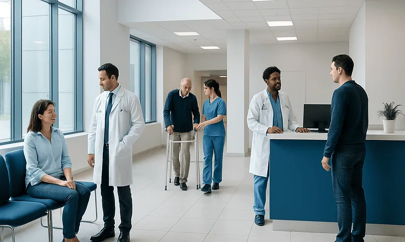 Medical professionals and patients in a modern hospital waiting area.