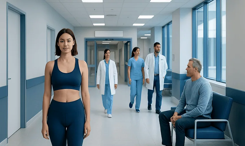 Young woman in athletic wear waiting in hospital corridor with medical staff.