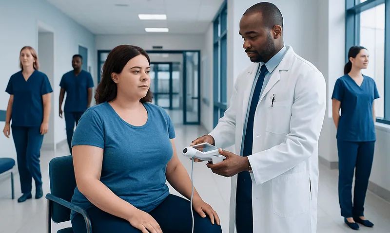 Doctor measuring body fat of a woman in a hospital corridor.