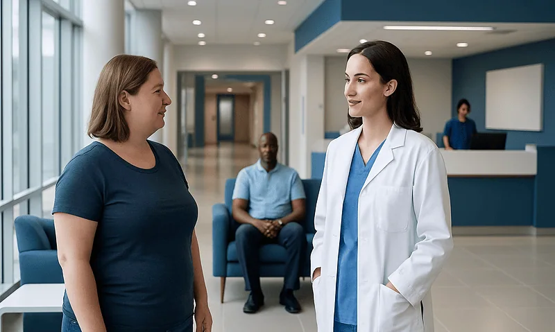 Patient consulting with doctor in hospital lobby.
