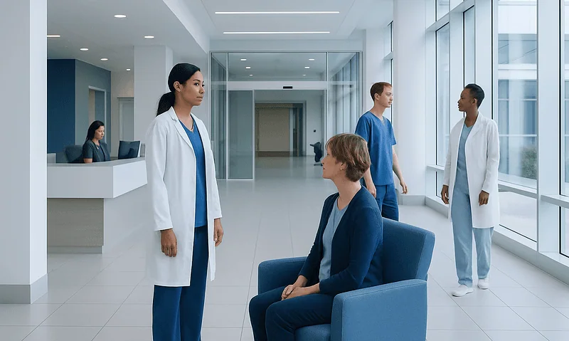 Medical professionals and patient in a modern hospital lobby.