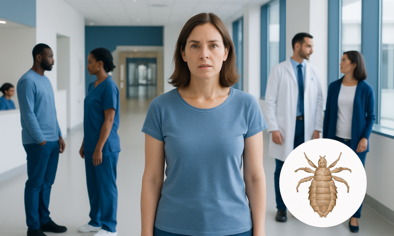 Concerned woman in hospital corridor with medical staff and a lice illustration.