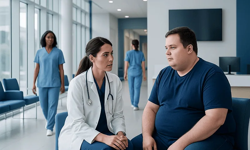 Doctor consulting with a patient in a hospital corridor.