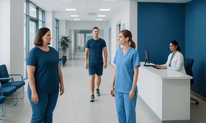 Patients and healthcare professionals in a modern hospital corridor.