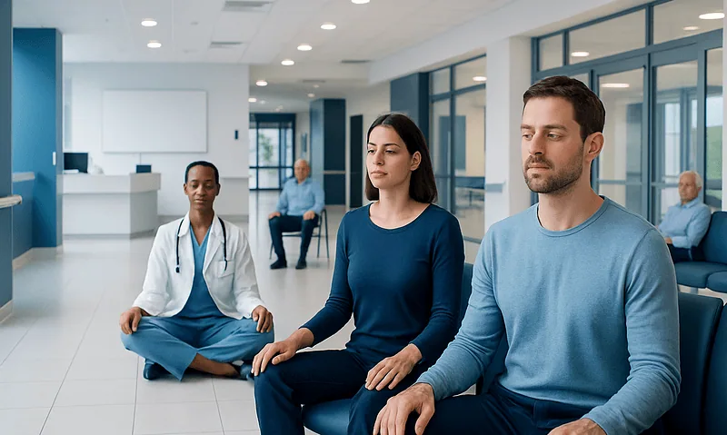 Patients practicing meditation in a hospital waiting area.