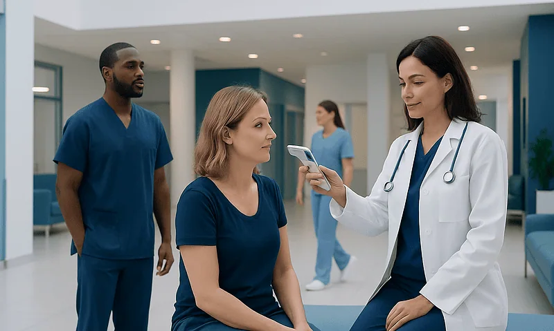 Doctor checking patient's vital signs in hospital corridor.
