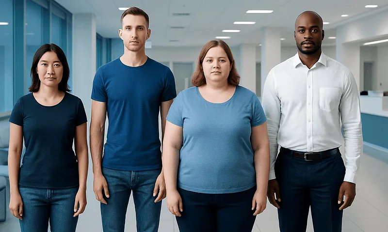 Diverse group of people in a modern hospital corridor.