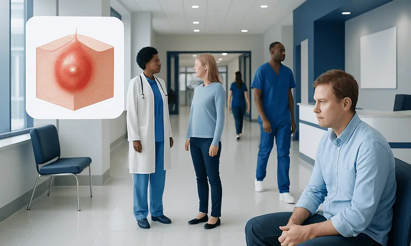 Medical consultation about skin abscess in a hospital corridor.