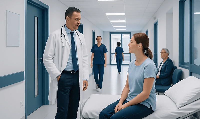 Doctor consulting patient in hospital corridor with medical staff in background.