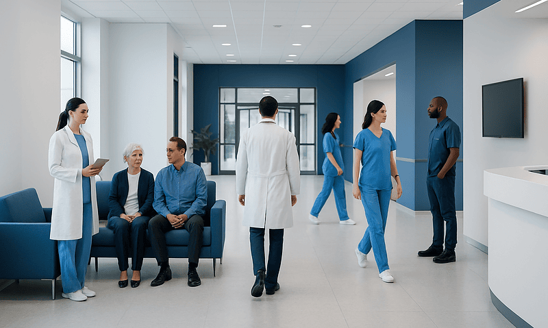 Medical team and patients in a modern hospital waiting area.