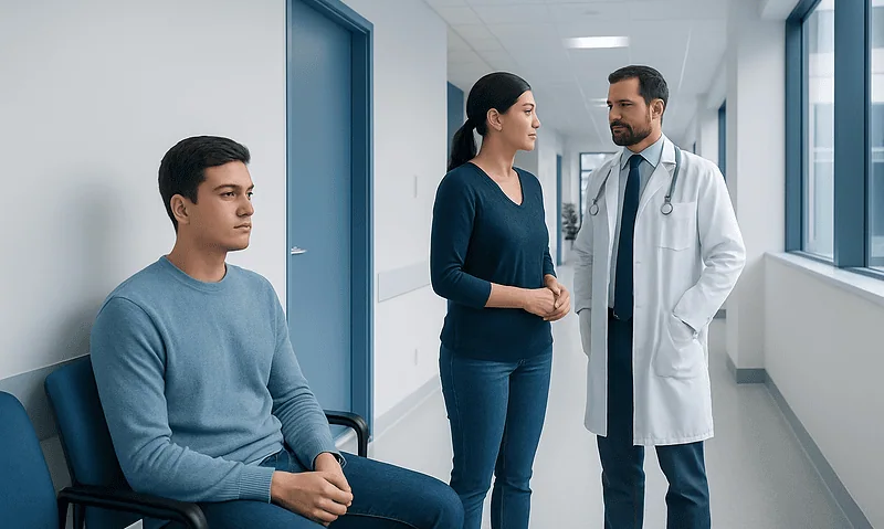 Doctor consulting with a woman and a young man in a hospital corridor.