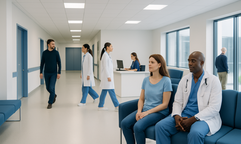 Hospital waiting area with medical staff and patients.