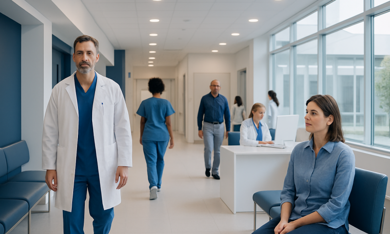 Healthcare professionals and patients in a modern hospital corridor.
