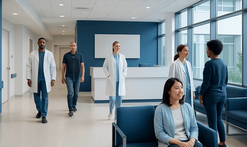 Diverse medical team in modern hospital lobby with large windows and seating area.