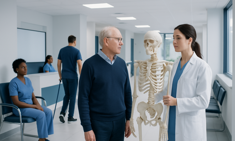 Doctor explaining bone anatomy to senior patient in hospital setting.
