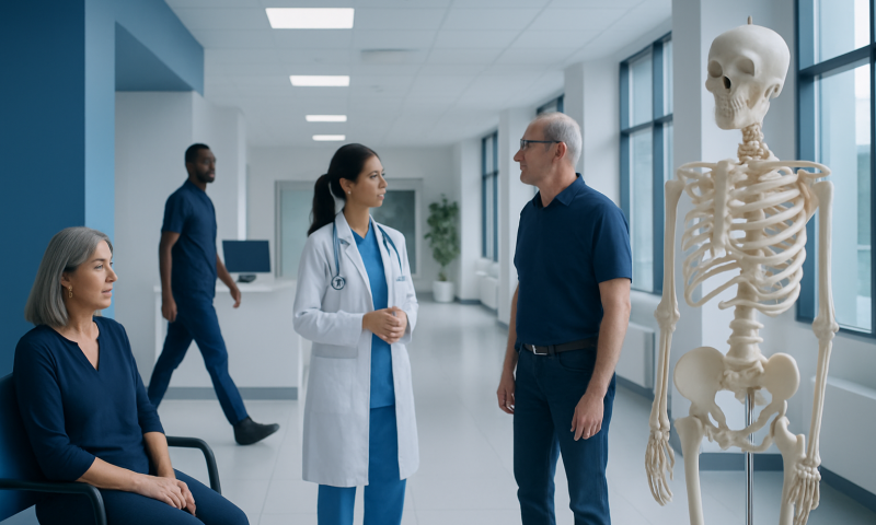 Medical professionals discussing in hospital corridor with skeleton model.
