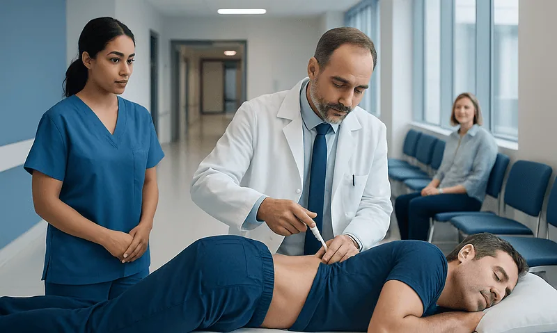 Doctor performing bone marrow aspiration on patient in hospital corridor.