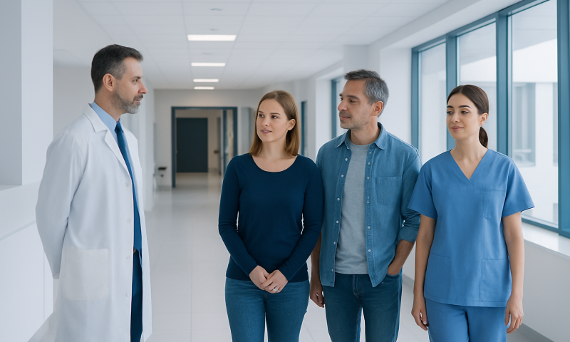 Doctor consulting with patients in hospital corridor.