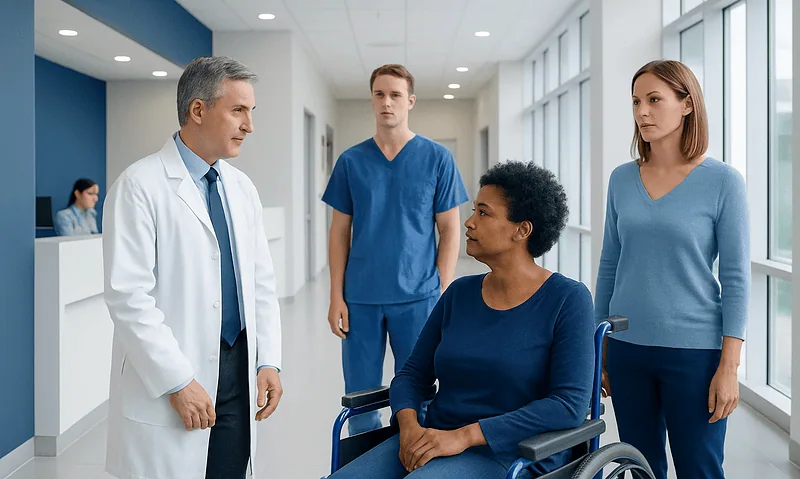 Medical team discussing patient care in hospital corridor.