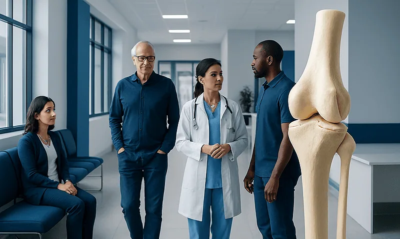 Medical team discussing bone health with a large knee joint model in hospital corridor.