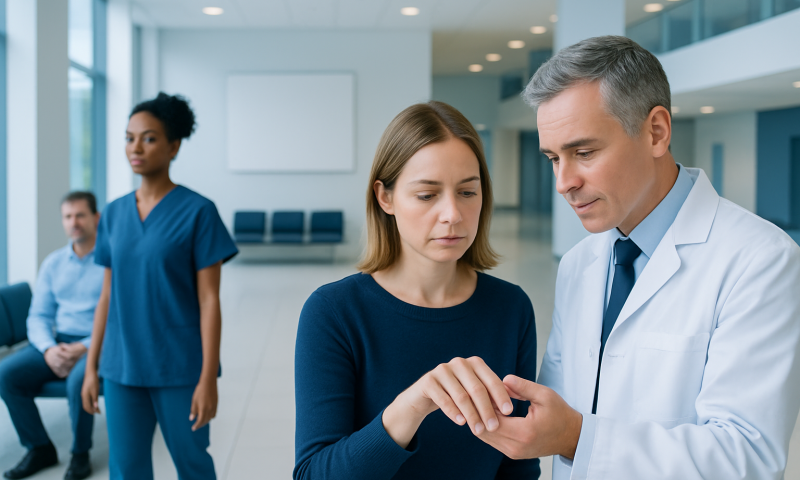 Doctor explaining medical information to a female patient in a hospital corridor.