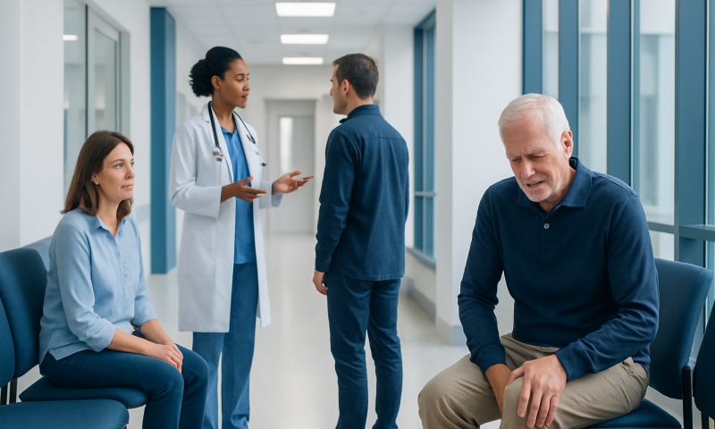 Patient consulting with doctor in hospital corridor.