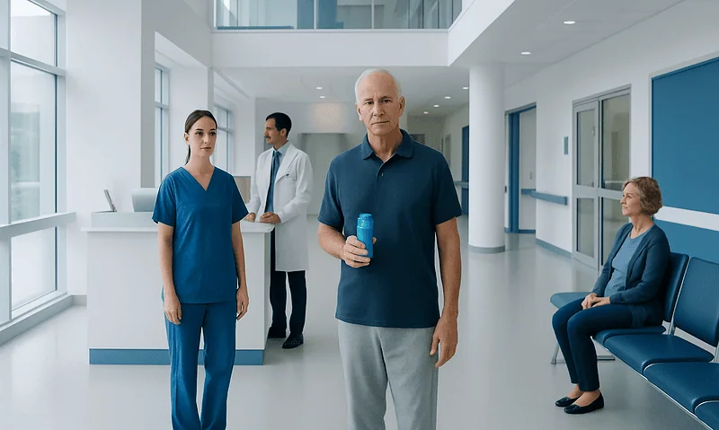 Senior man holding medication in hospital corridor with medical staff and patient.