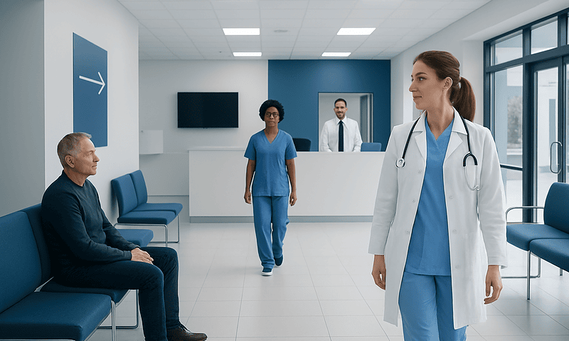 Medical consultation in a modern hospital waiting area with healthcare professionals.