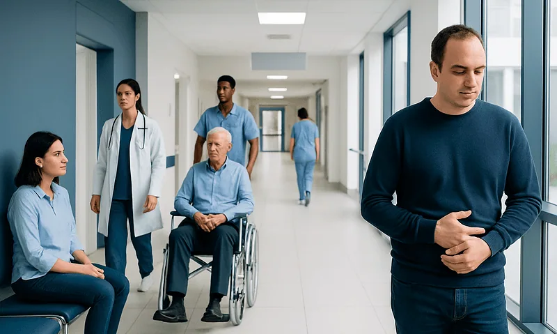 Patient experiencing abdominal discomfort in hospital corridor at Acibadem Hospitals Group.