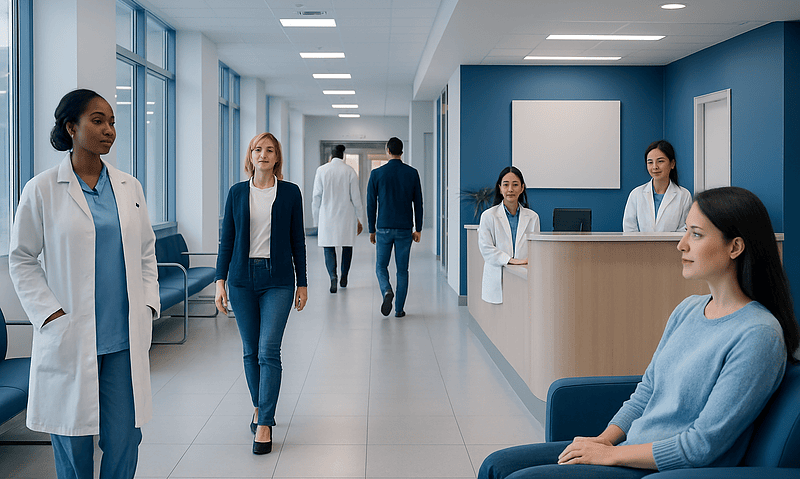 Modern hospital reception area with medical staff and patient.