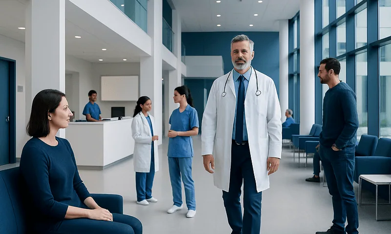 Medical team and doctor in a modern hospital lobby.