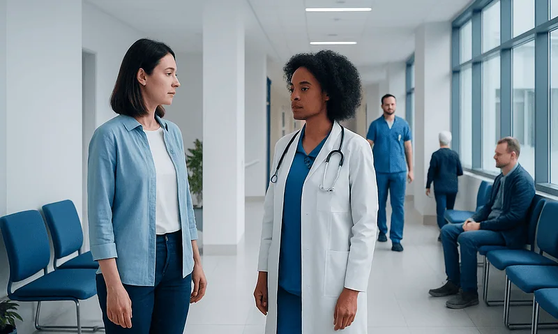Doctor and patient having a consultation in hospital corridor.