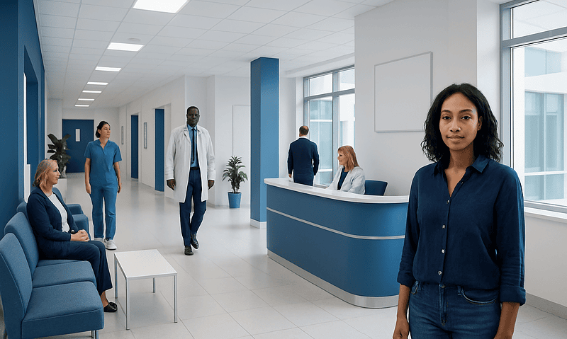 Healthcare professionals and patients in a modern hospital reception area.
