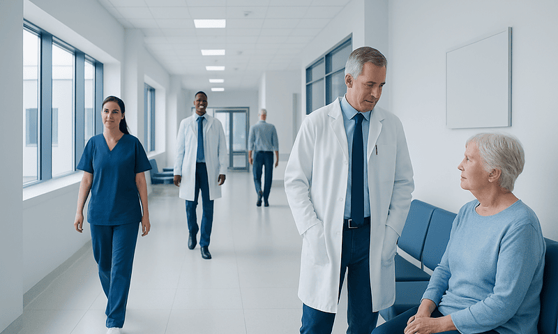 Doctor consulting with elderly patient in hospital corridor.