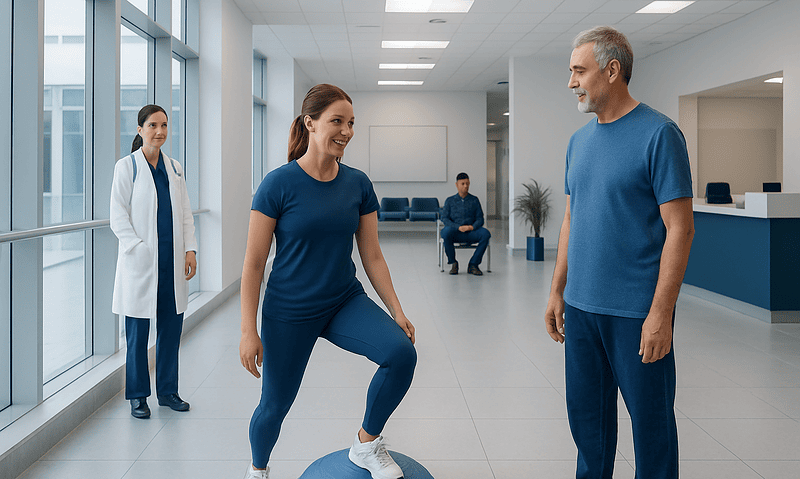 Patient practicing balance exercise on Bosu ball with physiotherapist guidance.