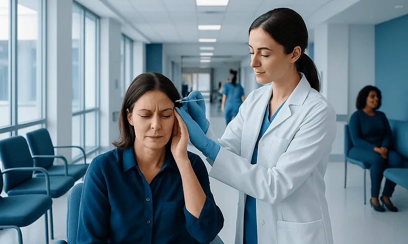 Doctor administering Botox injection to a patient in a hospital corridor.