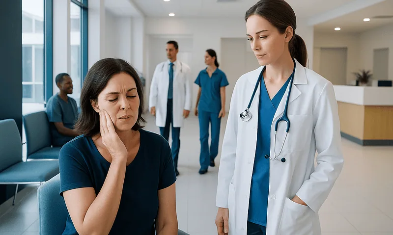 Patient experiencing jaw pain during medical consultation at Acibadem Hospital.