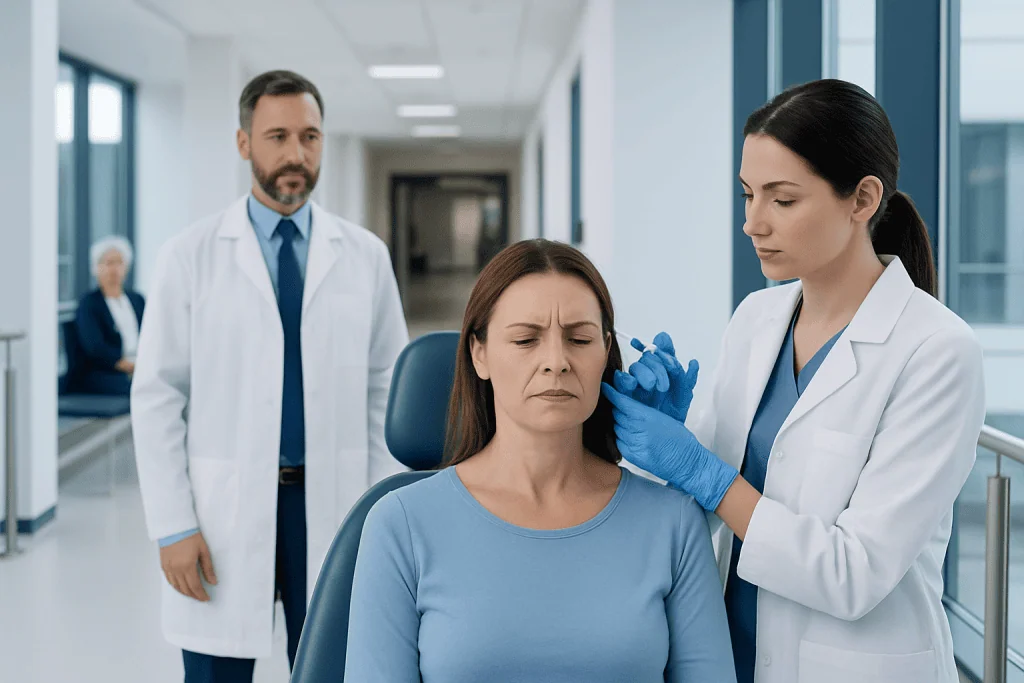 Botox Frown Lines — Explained by Medical Evidence, Not Myths 1 Doctor administering Botox to a woman's forehead in a clinical setting.