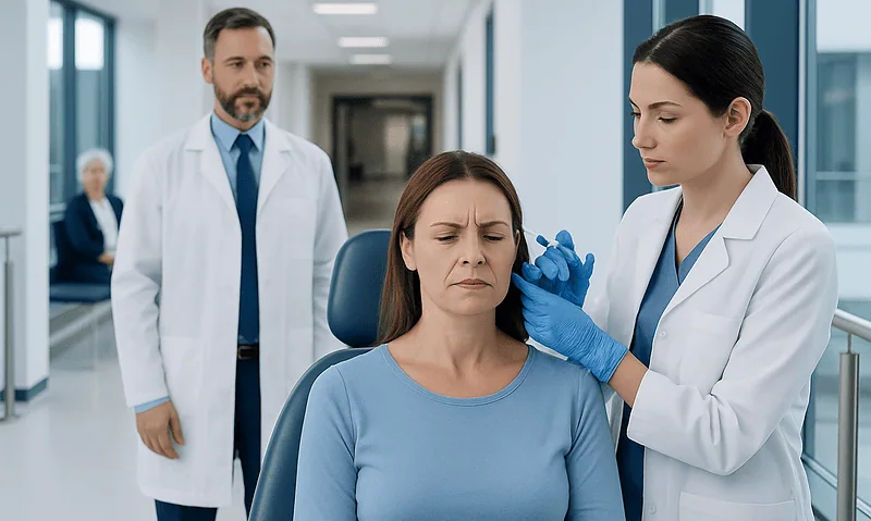 Doctor administering Botox to a woman's forehead in a clinical setting.