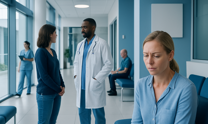 Patient experiencing discomfort in hospital corridor with medical staff nearby.