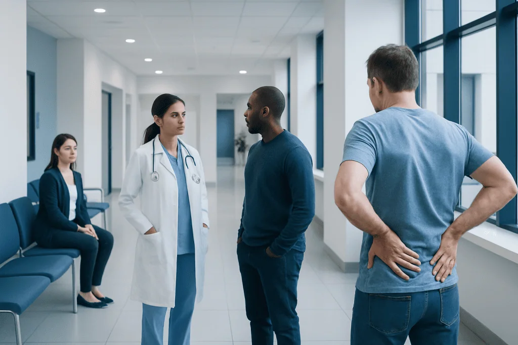 Bottom Aches Explained: Common Triggers and Red Flags 1 Doctor consulting with male patient in hospital corridor.