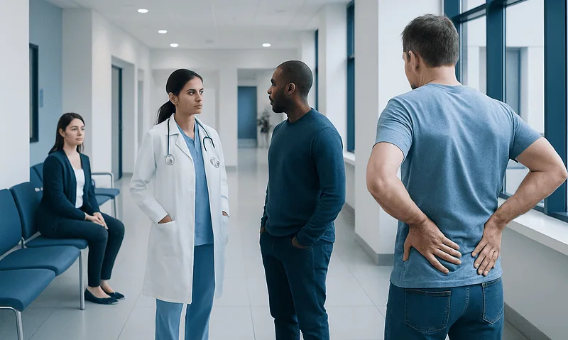 Doctor consulting with male patient in hospital corridor.