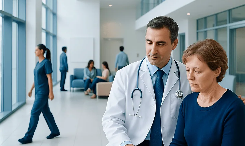 Doctor consulting with a patient in a modern hospital corridor.