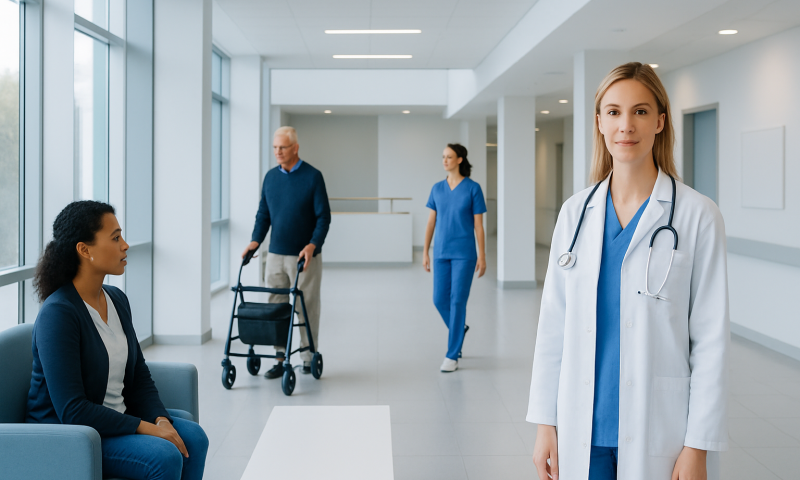 Medical staff and patient in a modern hospital corridor.