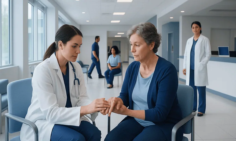 Doctor examining elderly woman's hand in hospital corridor.