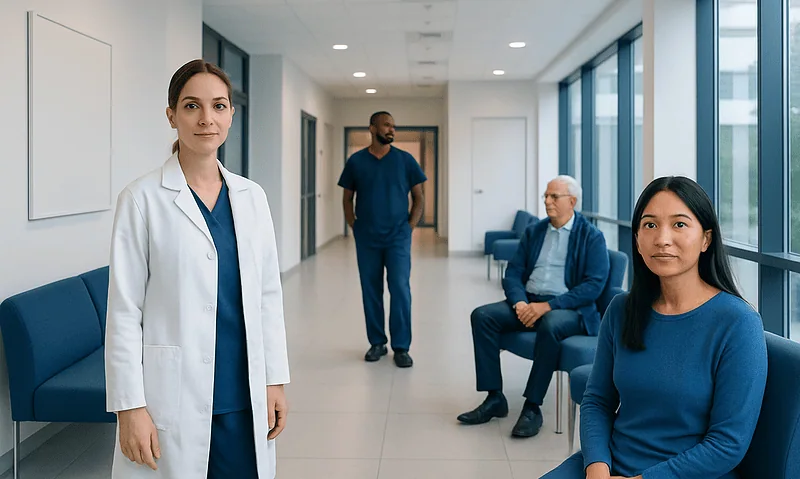 Medical professionals and patients in a modern hospital corridor.